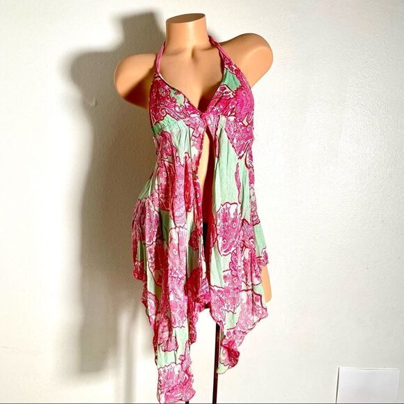 Vintage Forever21 M Boho Unique Cute Pink Green Asymmetrical Cover Up Summer Top - Picture 1 of 16
